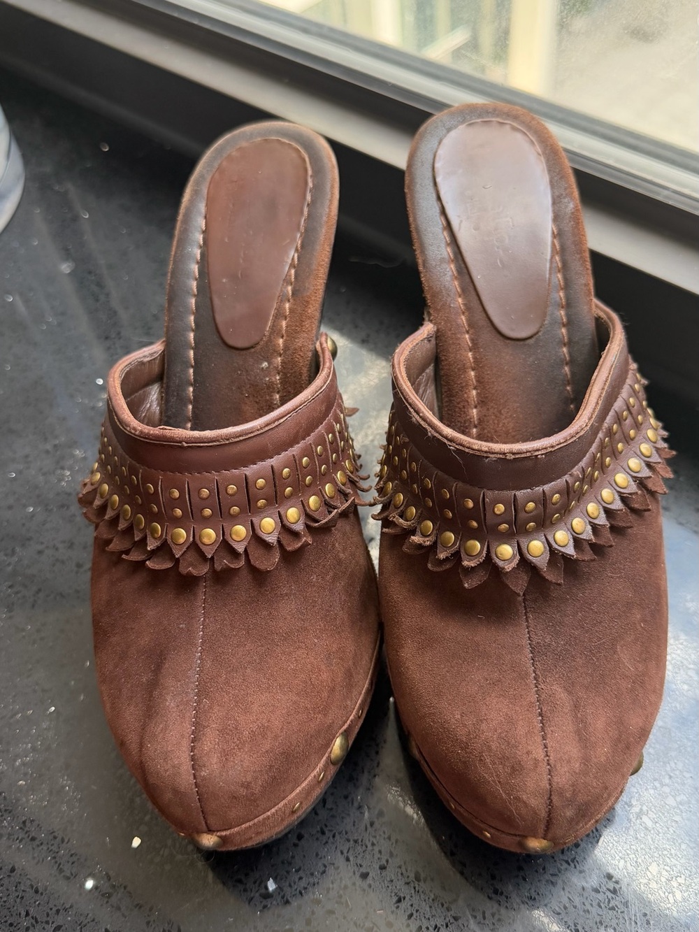 Brown Studded Suede High-Heel Clog size 8